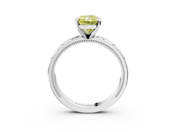 Platinum Fancy Yellow Radiant  Solitaire Engagement Ring with Scrollwork Band and Four-Prong Setting
