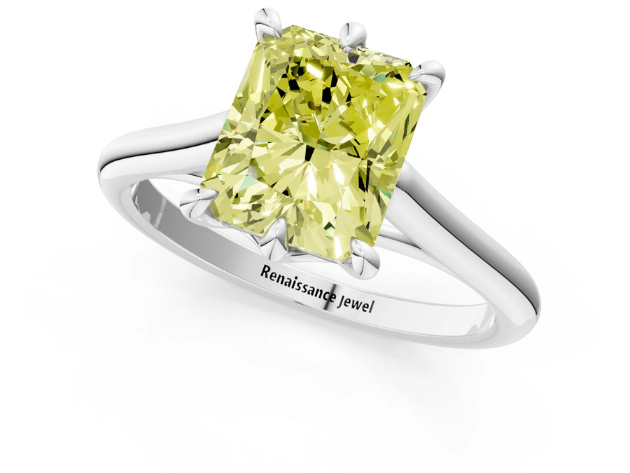 White gold Fancy Yellow Radiant  Solitaire Engagement Ring with Six-Prong Setting and Classic Band