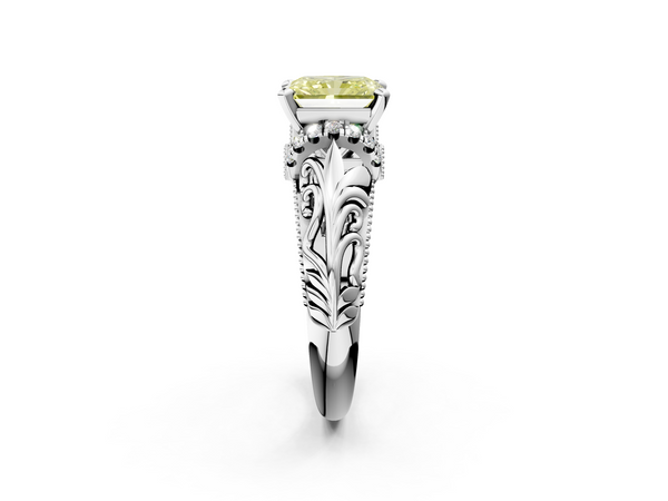 Platinum Fancy Yellow Radiant  Solitaire Filigree Engagement Ring with Halo and Prong Setting