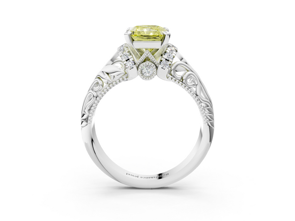 Platinum Fancy Yellow Radiant  Solitaire Filigree Engagement Ring with Halo and Prong Setting