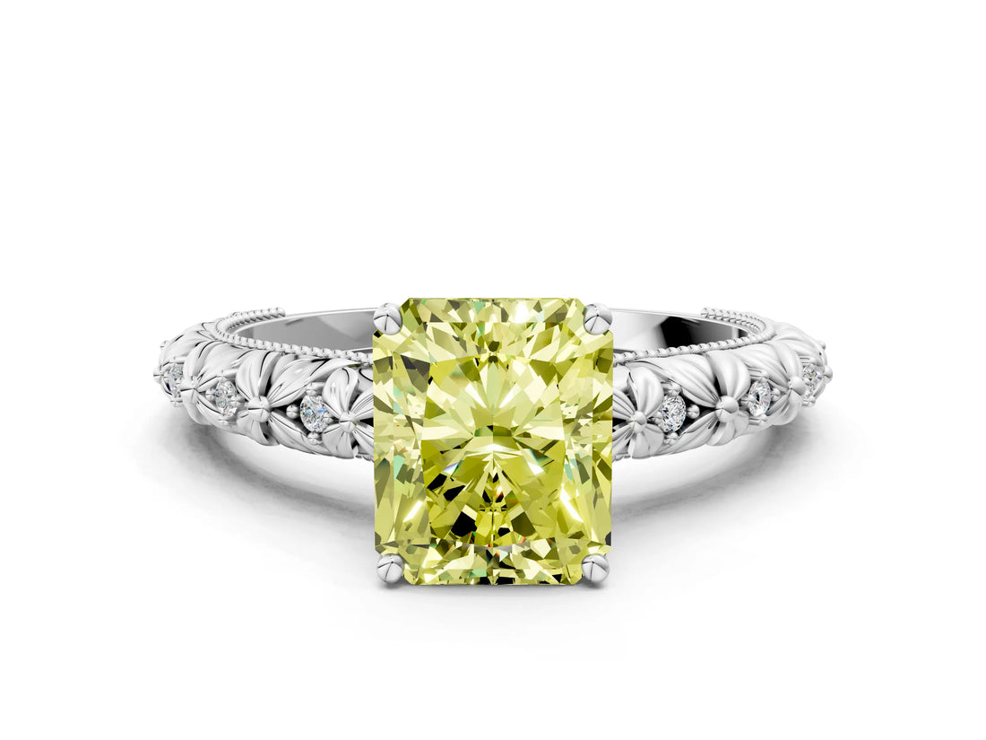 White gold Fancy Yellow Radiant  Solitaire Floral Milgrain Engagement Ring_31