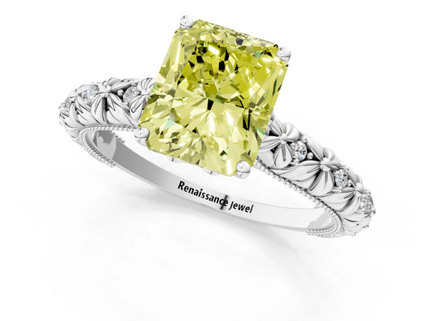 White gold Fancy Yellow Radiant  Solitaire Floral Milgrain Engagement Ring