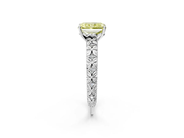 White gold Fancy Yellow Radiant  Solitaire Floral Milgrain Engagement Ring