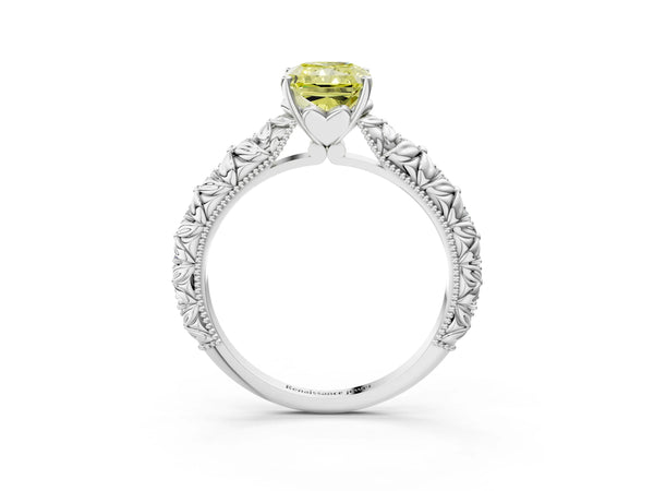 White gold Fancy Yellow Radiant  Solitaire Floral Milgrain Engagement Ring