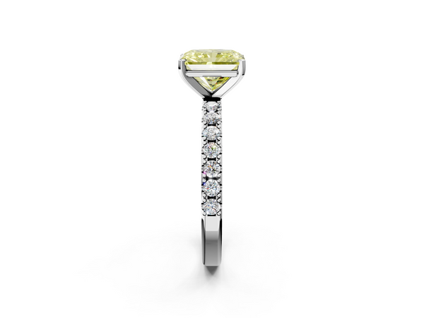 Platinum Fancy Yellow Radiant Cut Diamond Solitaire Pavé Band with Four-Prong Setting