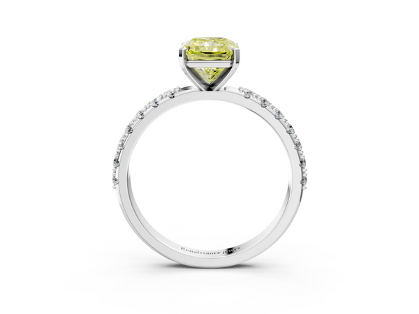 Platinum Fancy Yellow Radiant Cut Diamond Solitaire Pavé Band with Four-Prong Setting
