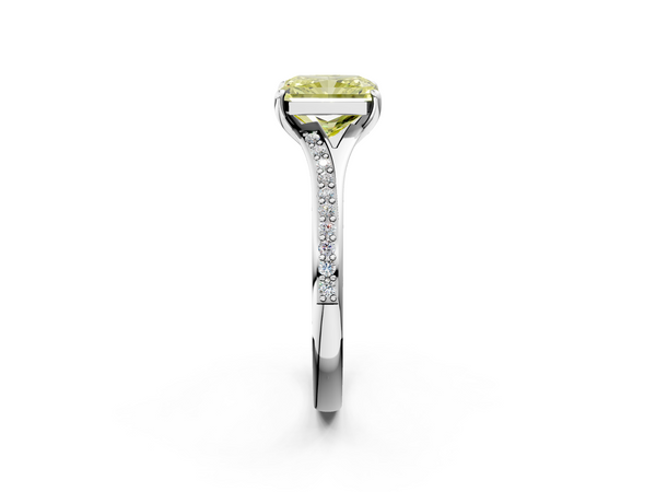 Platinum Fancy Yellow Radiant Cut Diamond Solitaire Ring with Pavé Band and Prong Setting