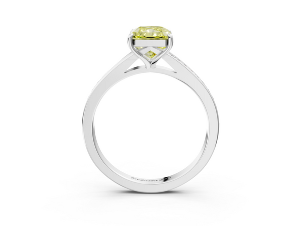 Platinum Fancy Yellow Radiant Cut Diamond Solitaire Ring with Pavé Band and Prong Setting