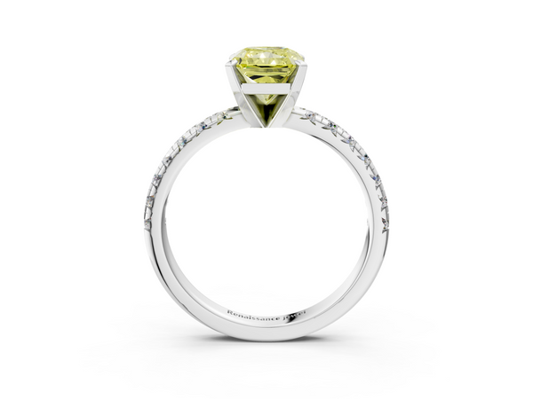 White gold Fancy Yellow Radiant  Solitaire Pave Diamond Engagement Ring with Four-Prong Setting