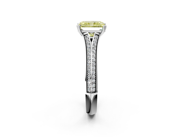 White gold Fancy Yellow Radiant Cut Diamond Split Shank Engagement Ring with Pavé Band