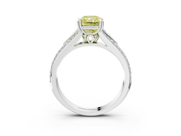White gold Fancy Yellow Radiant Cut Diamond Split Shank Engagement Ring with Pavé Band