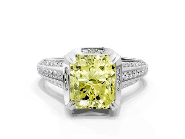 White gold Fancy Yellow Radiant  Solitaire Pave Split Shank Ring with Four-Prong Setting
