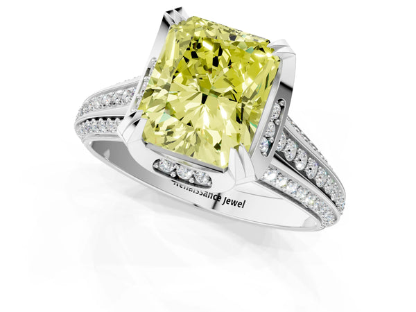 White gold Fancy Yellow Radiant  Solitaire Pave Split Shank Ring with Four-Prong Setting