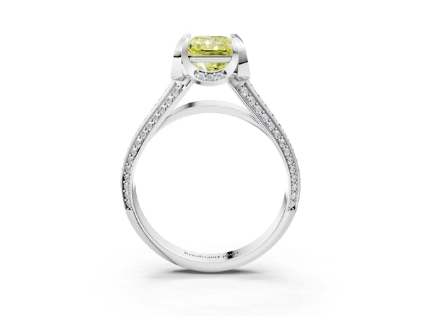 White gold Fancy Yellow Radiant  Solitaire Pave Split Shank Ring with Four-Prong Setting