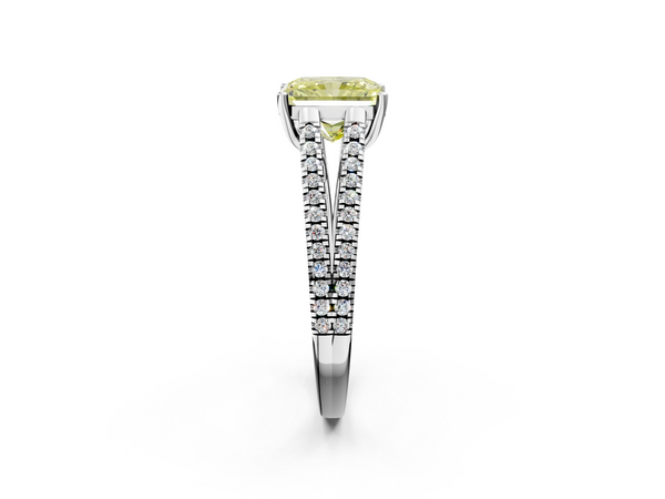 Platinum Fancy Yellow Radiant Cut Diamond Solitaire Engagement Ring with Split Shank Pavé Band