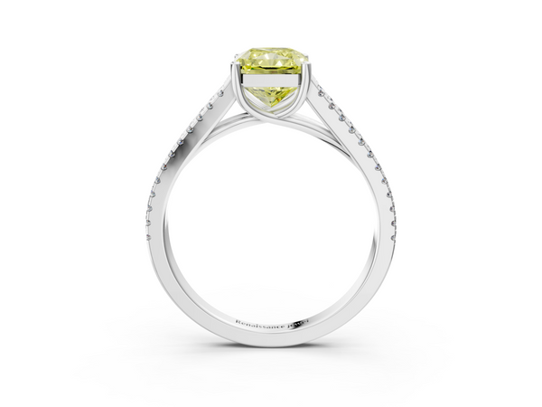 Platinum Fancy Yellow Radiant Cut Diamond Solitaire Engagement Ring with Split Shank Pavé Band