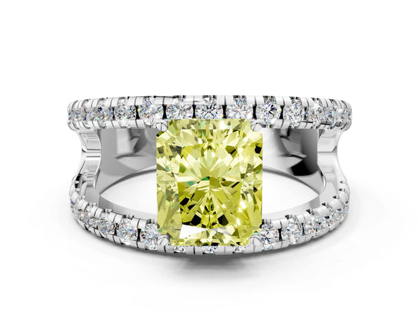 Platinum Fancy Yellow Radiant  Solitaire Split Shank Pave Diamond Ring