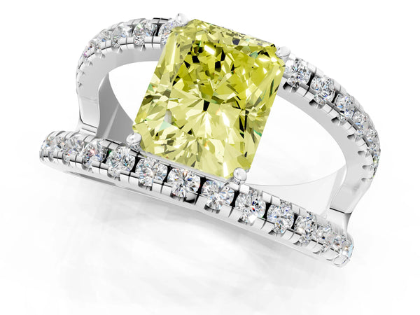 Platinum Fancy Yellow Radiant  Solitaire Split Shank Pave Diamond Ring