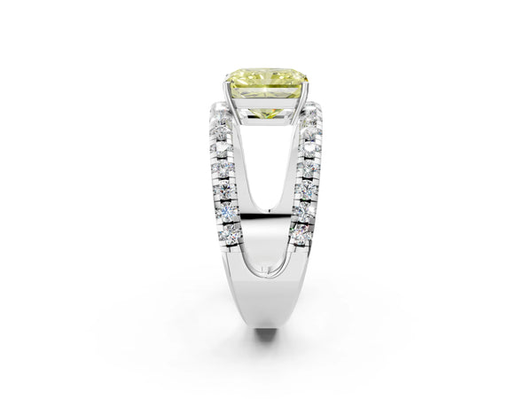 Platinum Fancy Yellow Radiant  Solitaire Split Shank Pave Diamond Ring