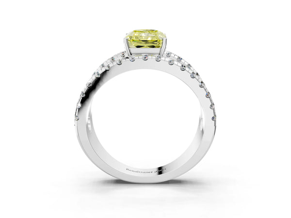 Platinum Fancy Yellow Radiant  Solitaire Split Shank Pave Diamond Ring