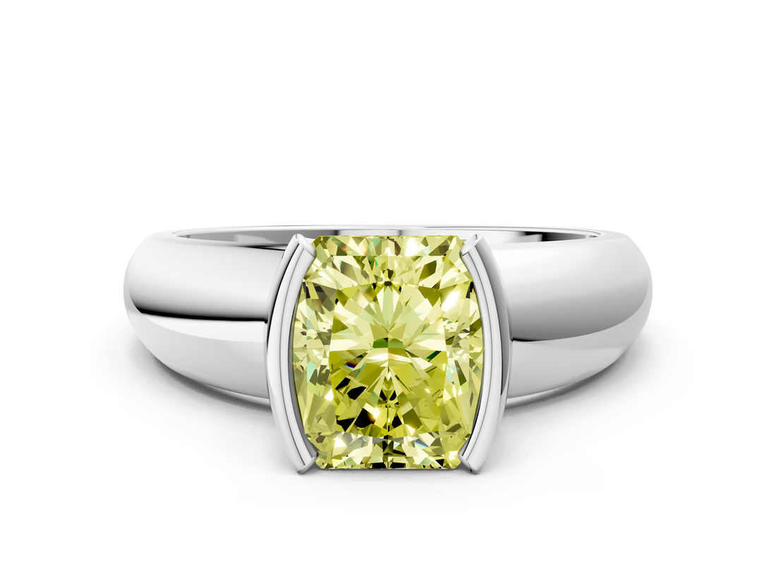 White gold Fancy Yellow Radiant  Solitaire Tension Set Diamond Ring with Wide Band_20