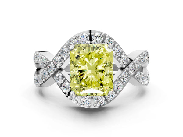 Platinum Fancy Yellow Radiant  Solitaire Twist Band Pavé Diamond Engagement Ring