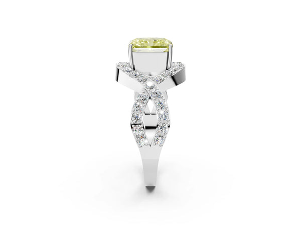 Platinum Fancy Yellow Radiant  Solitaire Twist Band Pavé Diamond Engagement Ring