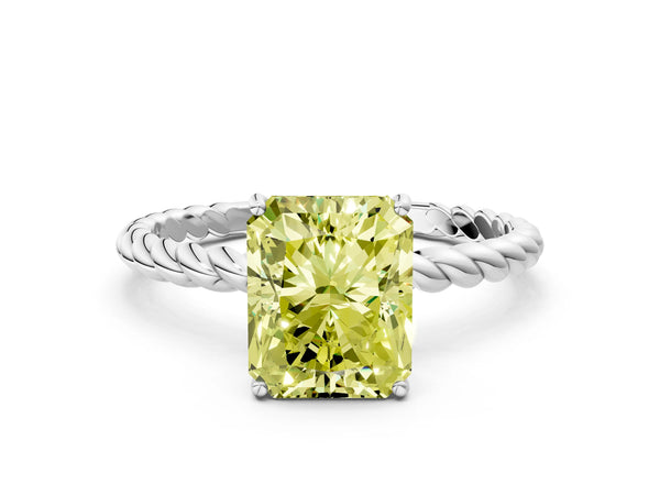 White gold Fancy Yellow Radiant  Solitaire Twist Band Ring with Four-Prong Setting