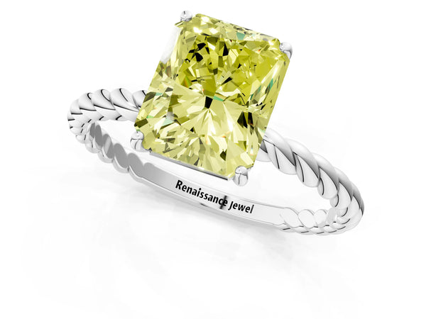 White gold Fancy Yellow Radiant  Solitaire Twist Band Ring with Four-Prong Setting