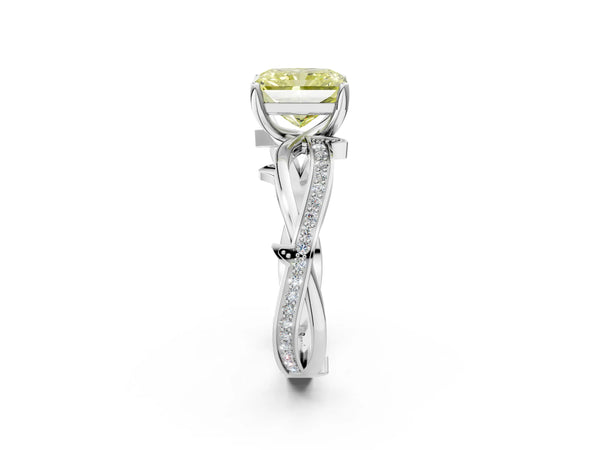 Platinum Fancy Yellow Radiant  Solitaire Twist Band with Pavé Accents and Four-Prong Setting