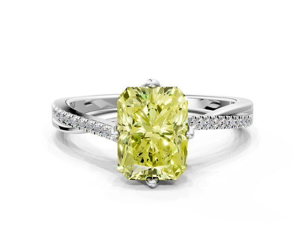 Platinum Fancy Yellow Radiant  Solitaire Twist Band with Pavé Diamonds and Four-Prong Setting