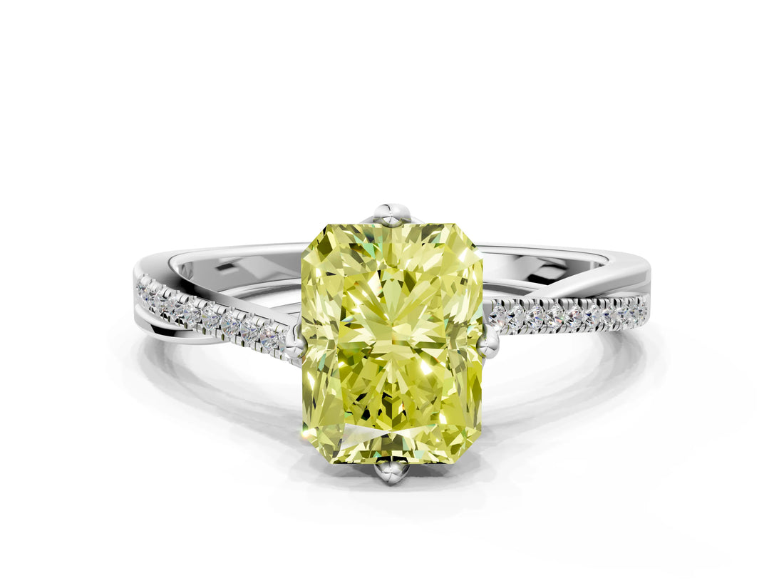 White gold Fancy Yellow Radiant  Solitaire Twist Band with Pavé Diamonds and Four-Prong Setting_65