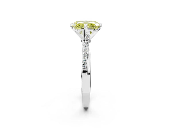 Platinum Fancy Yellow Radiant  Solitaire Twist Band with Pavé Diamonds and Four-Prong Setting