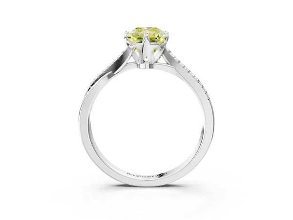 Platinum Fancy Yellow Radiant  Solitaire Twist Band with Pavé Diamonds and Four-Prong Setting