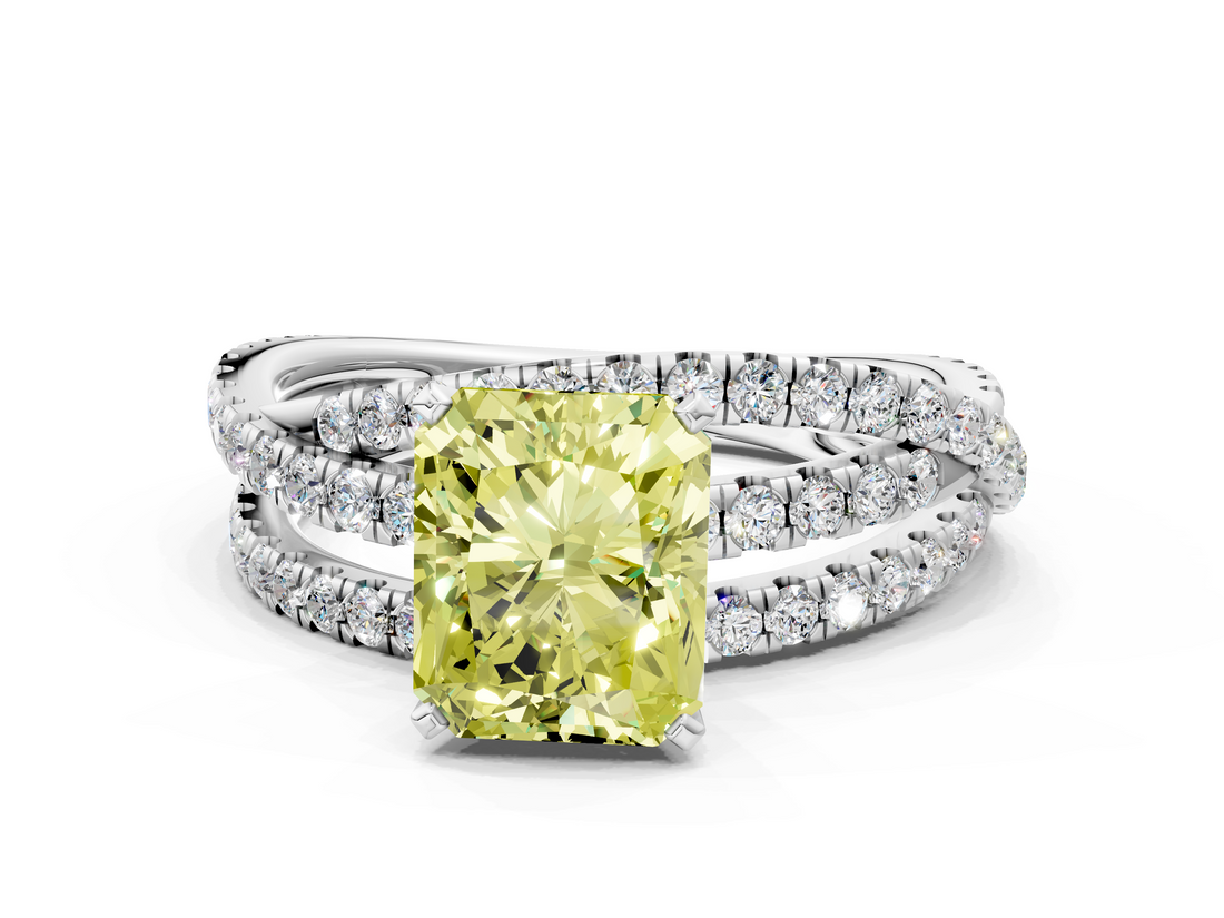 White gold Fancy Yellow Radiant  Solitaire Twist Band with Pavé Setting and Four-Prong Setting_125