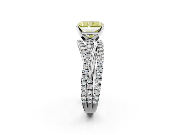 Platinum Fancy Yellow Radiant  Solitaire Twist Band with Pavé Setting and Four-Prong Setting