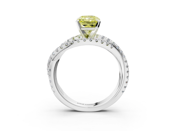 Platinum Fancy Yellow Radiant  Solitaire Twist Band with Pavé Setting and Four-Prong Setting