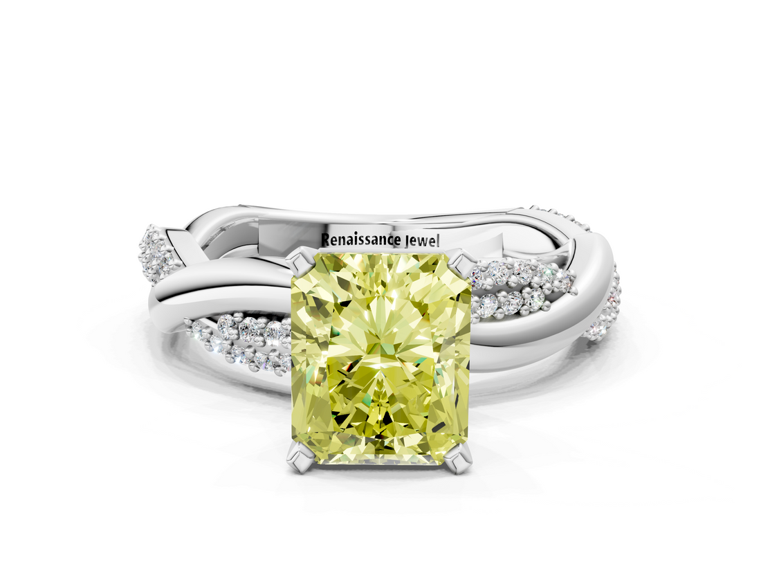 White gold Fancy Yellow Radiant  Solitaire Twist Band with Pave Prong Setting_41