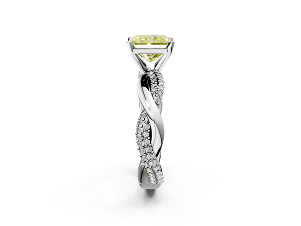 White gold Fancy Yellow Radiant  Solitaire Twist Band with Pave Prong Setting