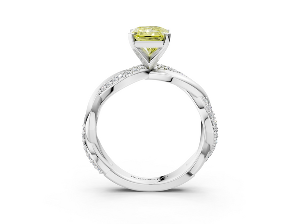 White gold Fancy Yellow Radiant  Solitaire Twist Band with Pave Prong Setting