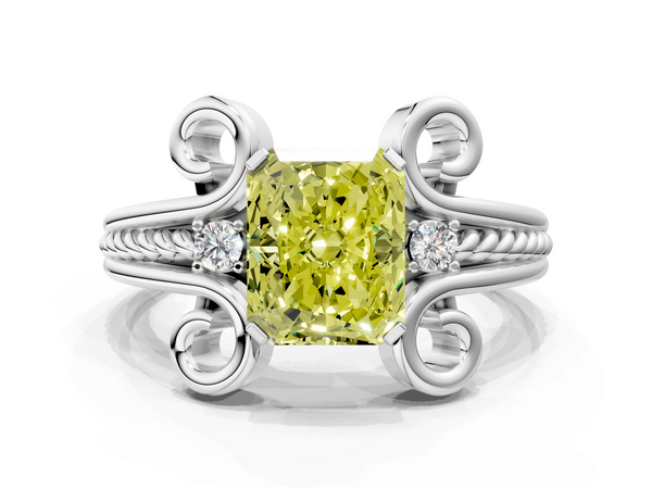 Platinum Fancy Yellow Radiant  Solitaire Twisted Band Scroll Prong Ring