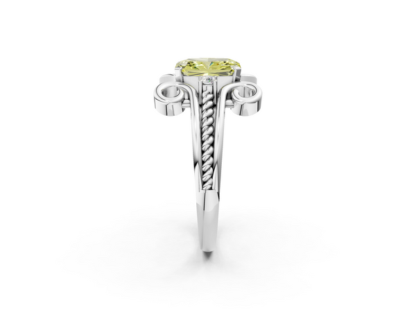 Platinum Fancy Yellow Radiant  Solitaire Twisted Band Scroll Prong Ring
