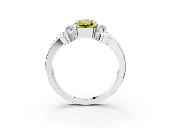 Platinum Fancy Yellow Radiant  Solitaire Twisted Band Scroll Prong Ring