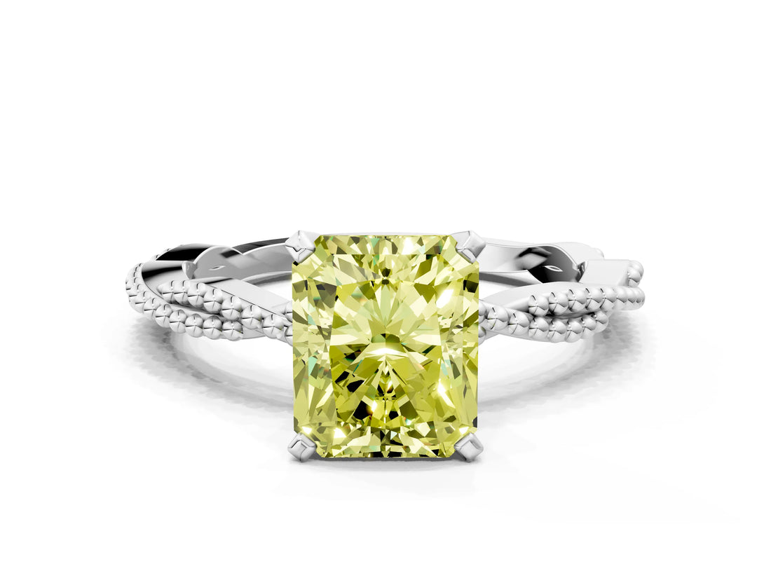 White gold Fancy Yellow Radiant  Solitaire Twisted Band with Bead Prong Setting_336