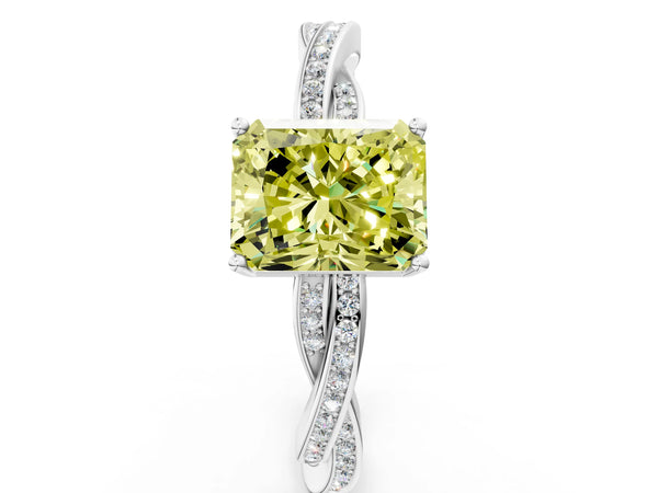 White gold Fancy Yellow Radiant  Solitaire Twisted Pave Diamond Ring with Four-Prong Setting