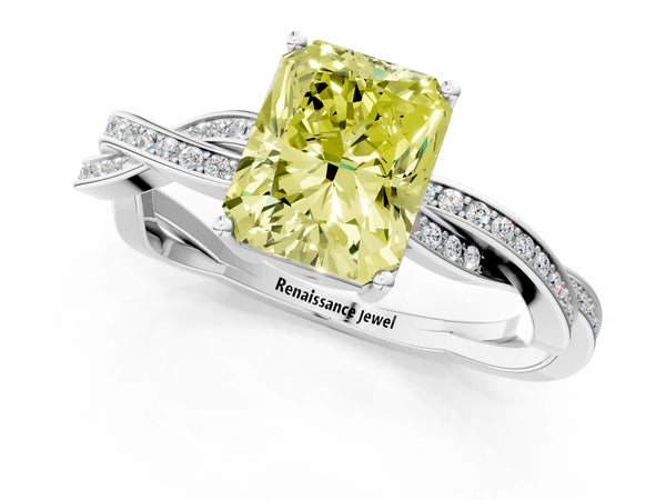 White gold Fancy Yellow Radiant  Solitaire Twisted Pave Diamond Ring with Four-Prong Setting