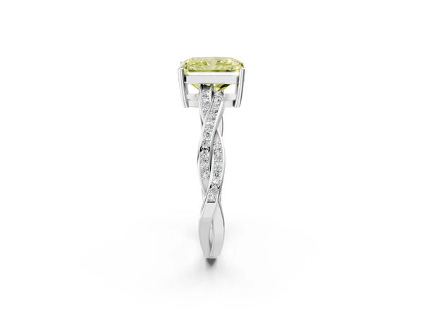 White gold Fancy Yellow Radiant  Solitaire Twisted Pave Diamond Ring with Four-Prong Setting