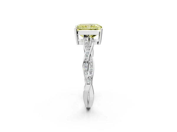 White gold Fancy Yellow Radiant  Solitaire Twisted Pave Diamond Ring with Four-Prong Setting