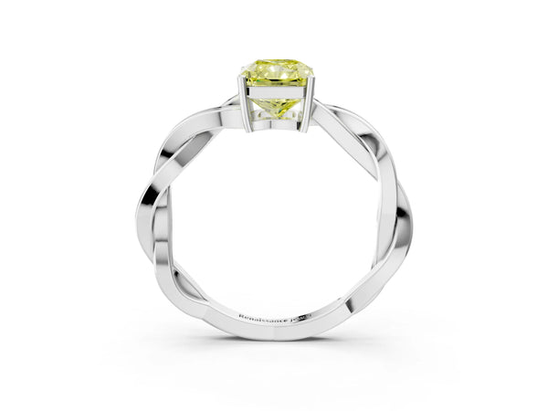 White gold Fancy Yellow Radiant  Solitaire Twisted Pave Diamond Ring with Four-Prong Setting