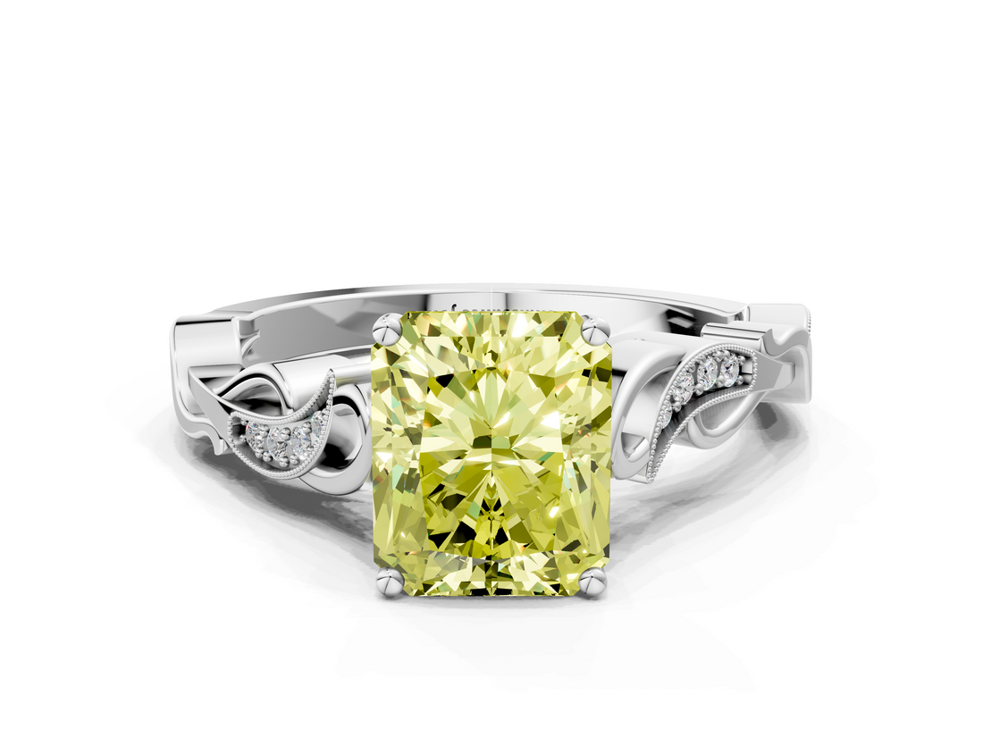 White gold Fancy Yellow Radiant  Solitaire Vine Band with Milgrain Prong Setting_3